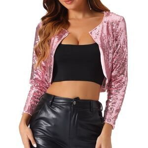 Sequin Jacket Sparkly Party 3/4 Sleeve Crop Bolero Shrug Cardigan Pink